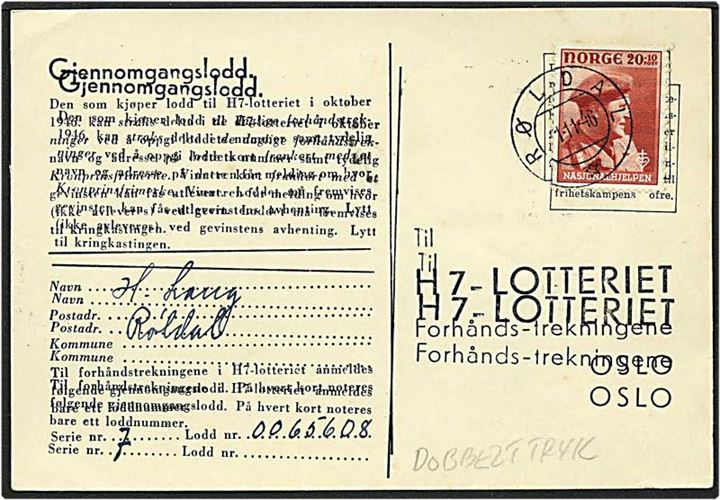 20+10 øre rød nationalhjælp på kort fra Røldal, Norge, d. 1.11.1946 til Oslo. Kortet er dobbelttrykt.
