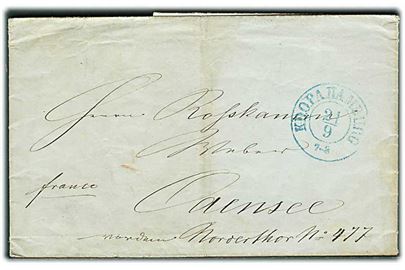 1852. Francobrev med blåt antiqua K.D.O.P.A. Hamburg d. 21.9.1852 til Odense.
