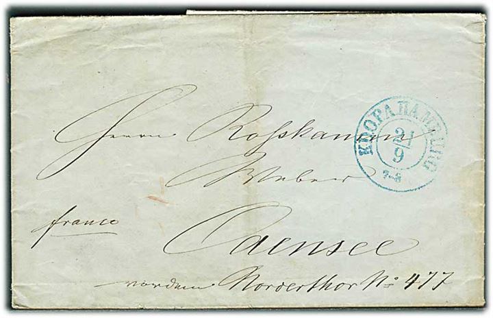 1852. Francobrev med blåt antiqua K.D.O.P.A. Hamburg d. 21.9.1852 til Odense.