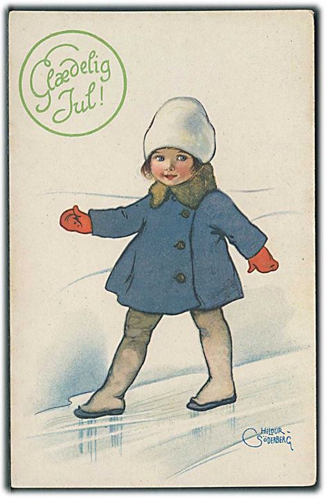 Hildur Søderberg: Glædelig Jul. Pige i blå frakke på isen. Paul Heckscher no. 1333/2.