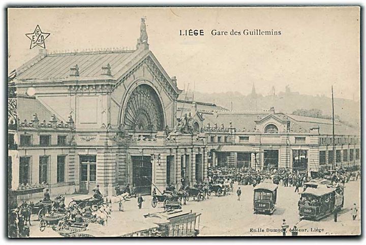 Stationen i Guillemins, Liege. Sporvogne ses til højre. Emile Dumont u/no. 
