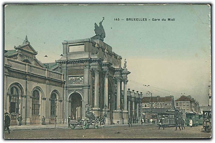 Gare du Midi, Bruxelles. Sporvogne no. 49, 21 & 20 ses til højre. Grand Bazar Anspach no. 145. 