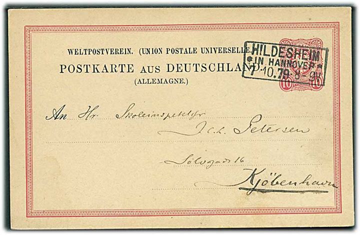 10 pfg. helsagsbrevkort annulleret med rammestempel Hildesheim in Hannover d. 7.10.1879 til Kjøbenhavn, Danmark.