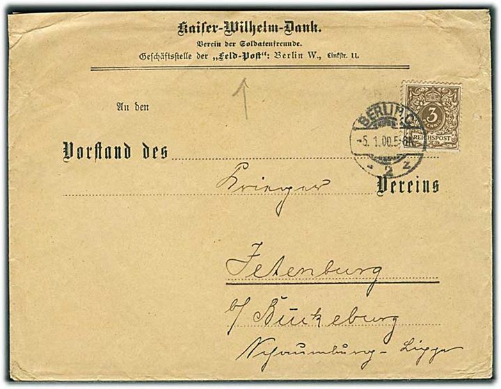3 pfg. på tryksag fra Kaiser-Wilhelm-Dank i Berlin d. 5.1.1900 til Zetenburg.