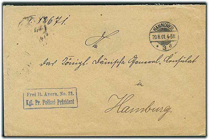 Ufrankeret tjenestebrev fra Hannover d. 20.8.1901 til danske konsulat i Hamburg.