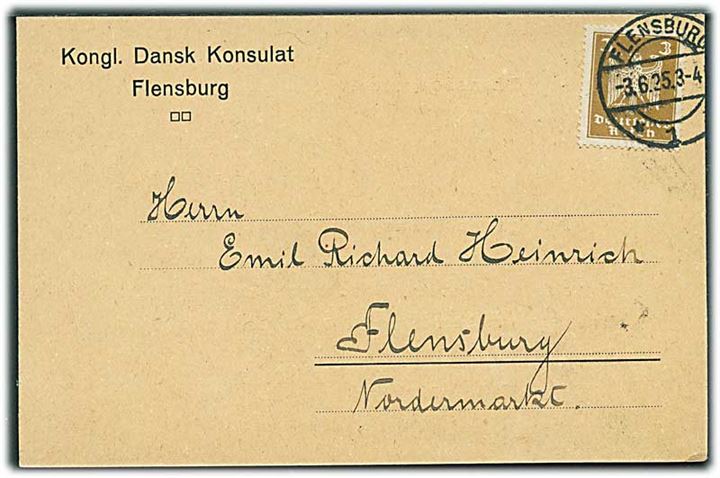 3 pfg. Adler på lokalt brevkort fra Kongl. Dansk Konsulat i Flensburg d. 3.6.1925.