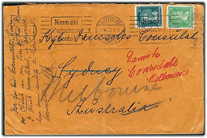5 pfg. Schiller og 20 pfg. Bethoven på brev fra Stuttgart d. 5.11.1927 til danske konsulat i Sydney, Australien - eftersendt til Melbourne. Nusset.