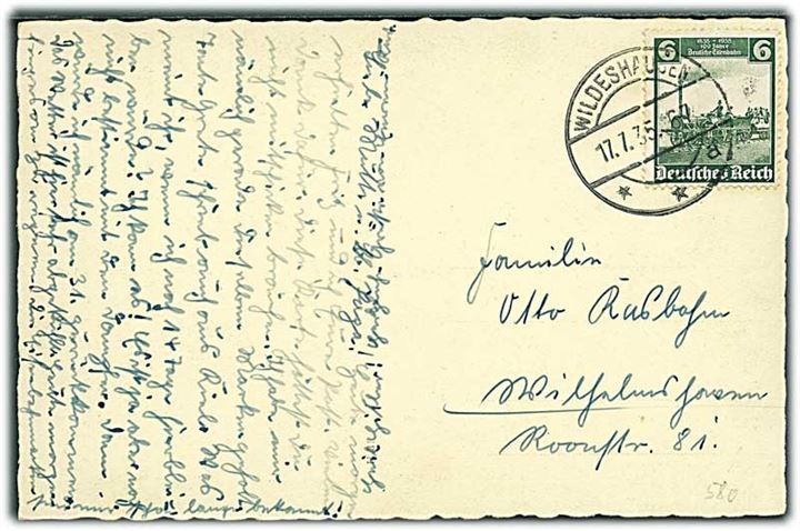 6 pfg. Jernbanejubilæum på brevkort fra Wildeshausen d. 17.7.1935.