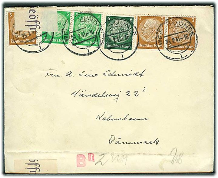 3 pfg. (3), 5 pfg. (2) og 6 pfg. Hindenburg på brev fra Wesermünde d. 25.2.1941 til København, Danmark. Fra sømand ombord på S/S Lotte. Åbnet af tysk censur i Hamburg.