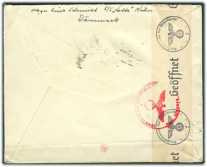 3 pfg. (3), 5 pfg. (2) og 6 pfg. Hindenburg på brev fra Wesermünde d. 25.2.1941 til København, Danmark. Fra sømand ombord på S/S Lotte. Åbnet af tysk censur i Hamburg.