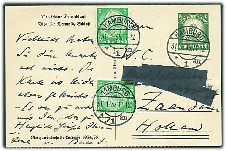 6 pfg. Reichwinterhilfe-Lotterie 1934/35 helsagsbrevkort (Bild 40) opfrankeret med 5 pfg. Hindenburg (2) fra Hamburg d. 31.1.1935 til Zaadam, Holland.