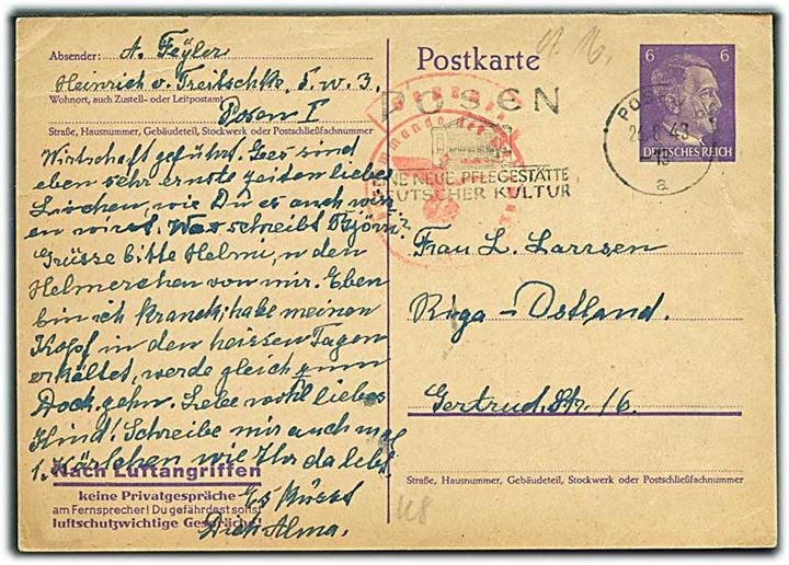 6 pfg. Hitler helsagsbrevkort med tekst: Nach Luftangriffen... fra Posen d. 26.8.1943 til Riga, Ostland. Königsberg-censur.