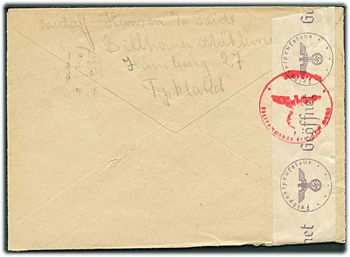 25 pfg. Hindenburg på brev fra Hamburg d. 8.2.1941 til København, Danmark. Åbnet af tysk censur i Hamburg med Feldpostprüfstelle banderole.