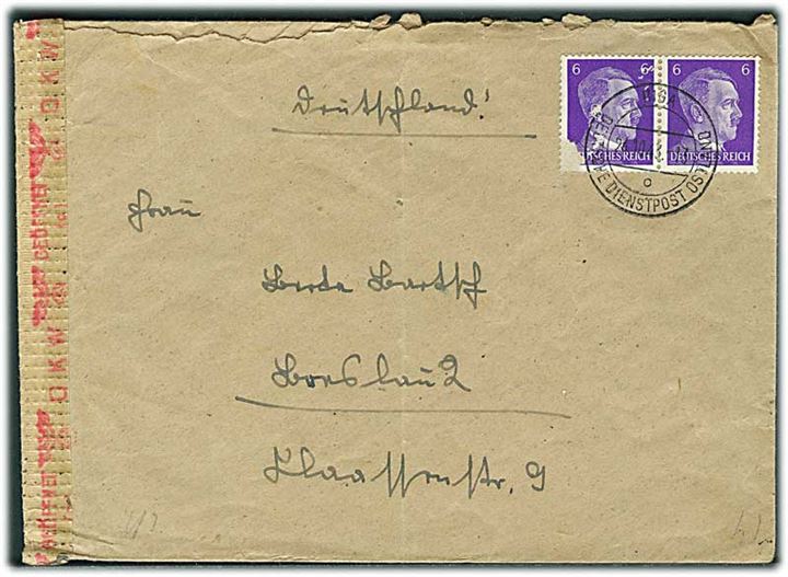 6 pfg. Hitler i parstykke (skadet) på brev stemplet Riga Deutsche Dienstpost Ostland d. 24.10.1943 til Breslau, Tyskland. Åbnet af tysk censur i Königsberg.