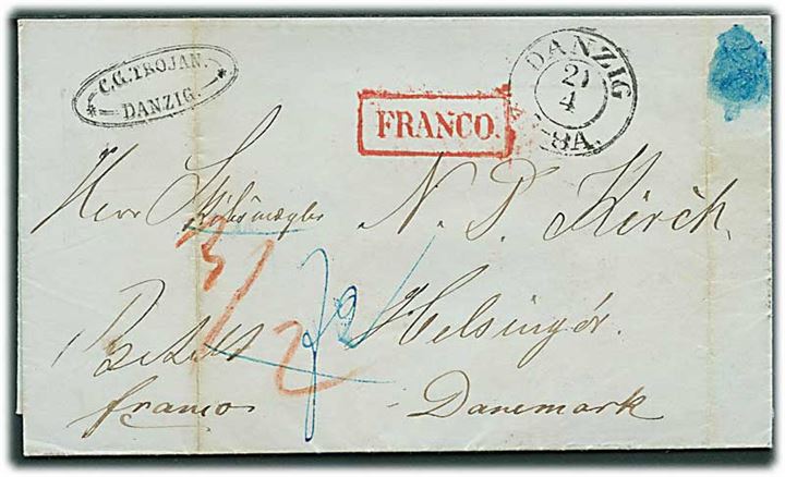 1852. Francobrev fra Danzig d. 21.4.1857 via K.D.O.P.A. Hamburg d. 23.4.1857 til Helsingør, Danmark. Rammestempel Franco.