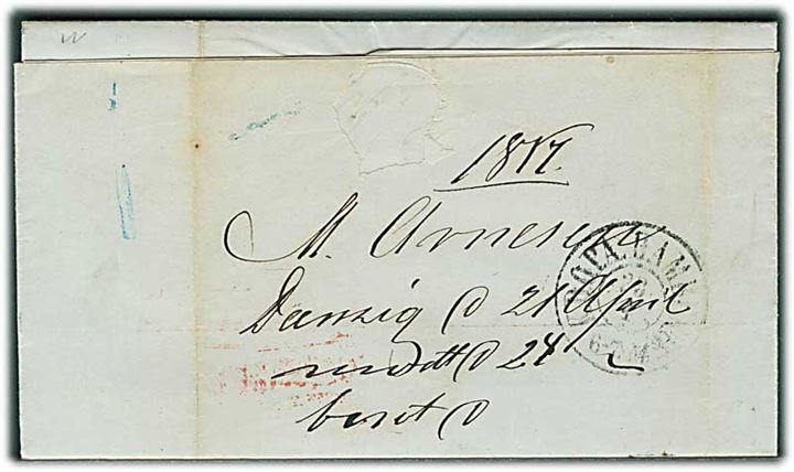 1852. Francobrev fra Danzig d. 21.4.1857 via K.D.O.P.A. Hamburg d. 23.4.1857 til Helsingør, Danmark. Rammestempel Franco.