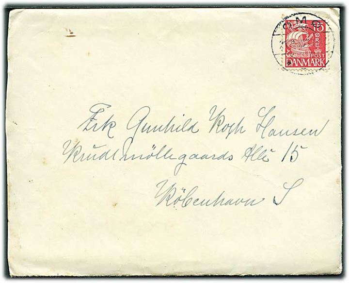 15 øre Karavel på brev annulleret med brotype IIc Omø d. 21.11.1935 til København.