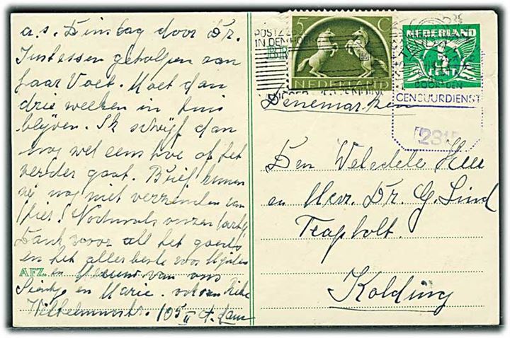 5 cents helsagsbrevkort opfrankeret med 5 c. fra Amsterdam d. 12.7.1945 til Trapholt pr. Kolding, Danmark. Hollandsk efterkrigscensur.