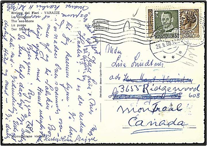 Postkort fra Italien til Roskilde frankeret med 35 øre grønsort Fr. IX fra Roskilde d. 26.9.1960 videresendt til Montroal, Canada.