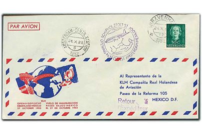 50 c. Wilhelmina på illustreret KLM 1.-flyvningskuvert Amsterdam-Mexico 1952.
