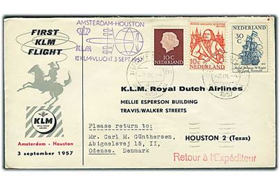 50 c. frankeret illustreret KLM 1.-flyvningskuvert Amsterdam-Houston, USA 1957.