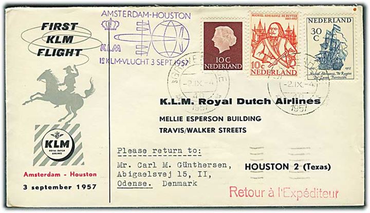 50 c. frankeret illustreret KLM 1.-flyvningskuvert Amsterdam-Houston, USA 1957.