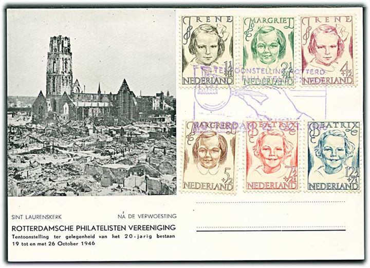 Komplet sæt Børneforsorg på uadresseret illustreret brevkort fra Rotterdam d. 25.10.1946.