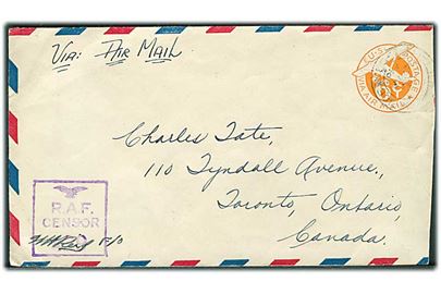 6 cents luftpost helsagskuvert annulleret med britisk feltpoststempel Field Post Office d. 27.4.1944 til Toronto, Canada. RAF Censor no. 429.