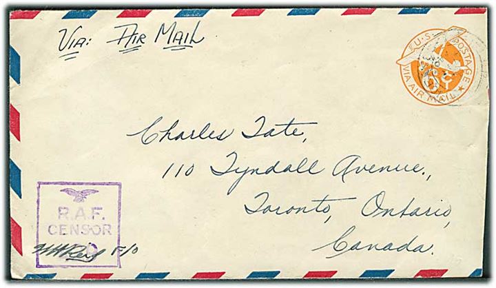 6 cents luftpost helsagskuvert annulleret med britisk feltpoststempel Field Post Office d. 27.4.1944 til Toronto, Canada. RAF Censor no. 429.