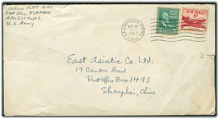 5 c. og 20 c. på brev stemplet U.S.Army Postal Service APO 235-2 (= Korea) d. 25.2.1946 til ØK i Shanghai, Kina. Fra USAMGIK (= US Army Military Government in Korea) APO 235 Unit 2. 