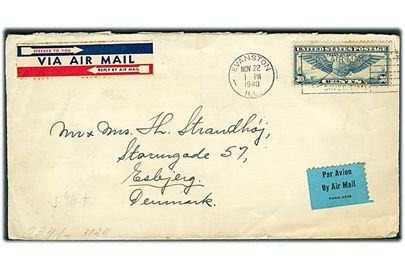 30 cents Winged Globe på luftpostbrev fra Evanston d. 22.11.1940 til Esbjerg, Danmark. Åbnet af dansk censur.