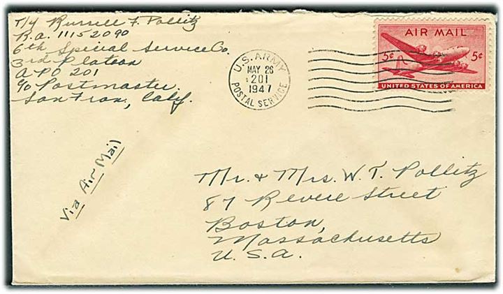 5 cents Transport på luftpostbrev stemplet U.S.Army Postal Service APO 201 (= Osaka, Japan) d. 26.5.1947 til Boston, USA.