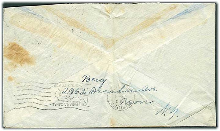 15 cents frankeret luftpostbrev fra New York d. 2.4.1941 til M/S Kungsholm i Cristobal, Canal Zone. M/S Kungsholm blev ved krigsudbruddet overført til krydstogt sejlads i Caribien indtil dec. 1941, hvor skibet blev beslaglagt af USA og anvendt som troppetransportskib USAT John Ericsson.