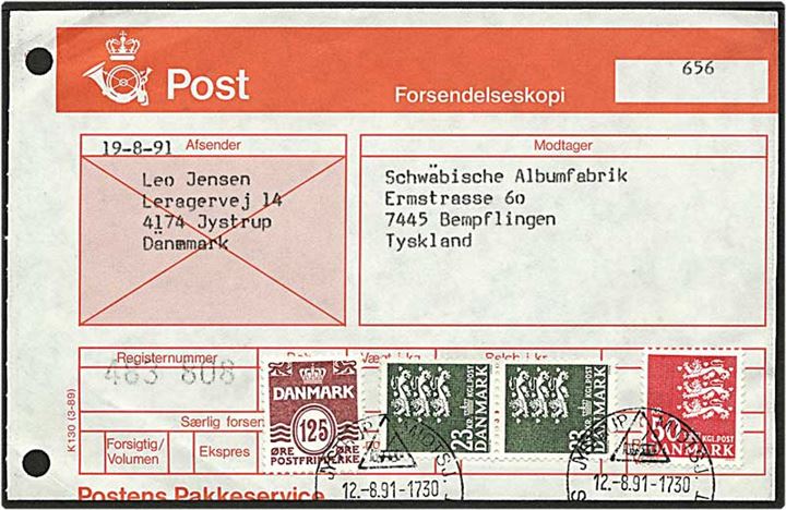 97,25 kr. porto på forsendelseskopi fra Jydstrup d. 12.8.1991 til Tyskland.