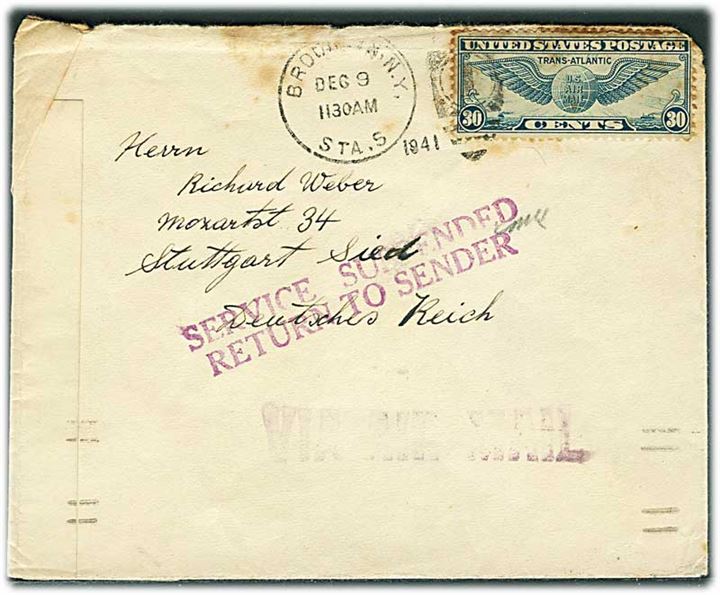 30 cents Winged Globe på luftpostbrev fra Brooklyn d. 9.12.1941 til Stuttgart, Tyskland. Åbnet af amerikansk censur og returneret med stempel Service Suspended / Returned to Sender.