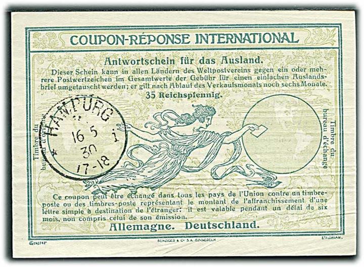 35 Reichpfennig International Svarkupon stemplet Hamburg d. 16.5.1930.