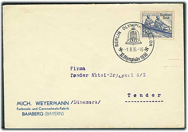 25+15 pfg. Olympiade udg. på brev annulleret med særstempel Berlin Olympia Stadion XI Olympiade 1936 d. 1.8.1936 til Tønder, Danmark.
