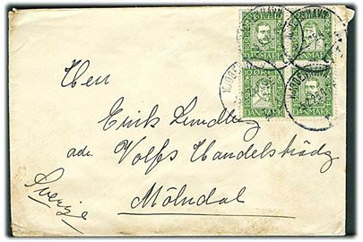 10 øre Chr. IV og Chr. X Postjubilæum i sammentrykt fireblok på brev fra Kjøbenhavn d. 5.2.1925 til Mölndal, Sverige.