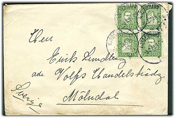 10 øre Chr. IV og Chr. X Postjubilæum i sammentrykt fireblok på brev fra Kjøbenhavn d. 5.2.1925 til Mölndal, Sverige.
