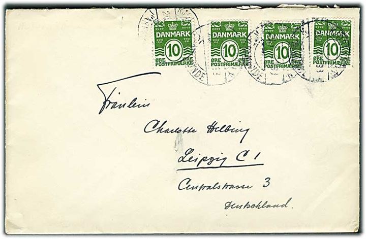 10 øre Bølgelinie (4) med tydelig automat afskæring på brev fra København annulleret med bureaustempel Kjøbenhavn - Warnemünde T.33 d. 20.7.1930 til Leipzig, Tyskland.