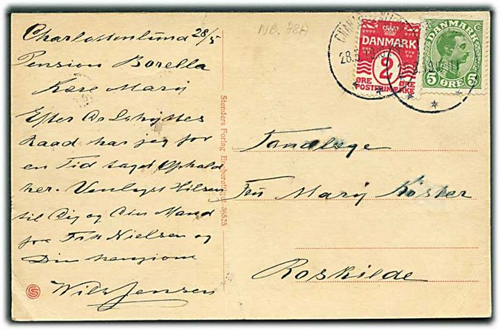 2 øre Bølgelinie vm. III og 5 øre Chr. X på brevkort fra Charlottenlund d. 28.5.1919 til Roskilde.