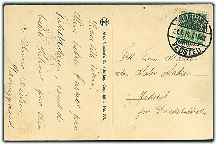 5 øre Chr. X på brevkort annulleret med bureaustempel Bramminge - Vedsted d. 31.7.1916 T.1061 til Bredstedbro.