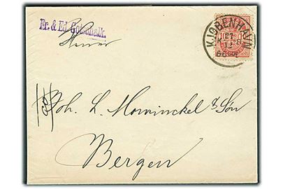 10 øre Våben på brev annulleret med lapidar Kjøbenhavn d. 27.12.1888 til Bergen, Norge.