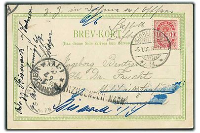 10 øre Våben på brevkort fra Kjøbenhavn d. 5.7.1900 til Hannover, Tyskland - eftersendt med flere stempler.