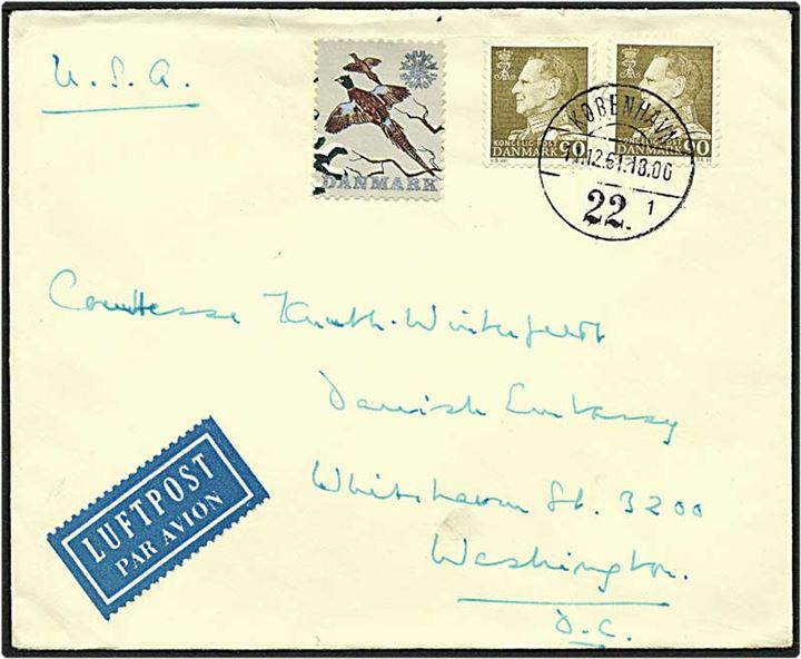 90 øre oliven Fr. IX på luftpost brev fra København d. 11.12.1961 til Washington, USA.