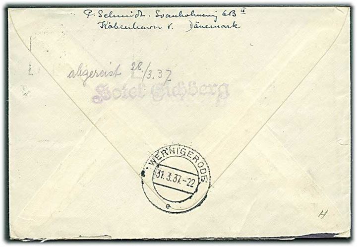 15 øre Tavsen i parstykke på brev fra København d. 30.3.1937 til Wernigerode, Tyskland. Retur med 2-sproget retur-etiket: Abgereist ohne Angabe der Adresse.
