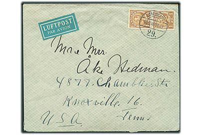 1 kr. Chr. X i parstykke på luftpostbrev fra København d. 16.2.1946 til Knoxville, USA.