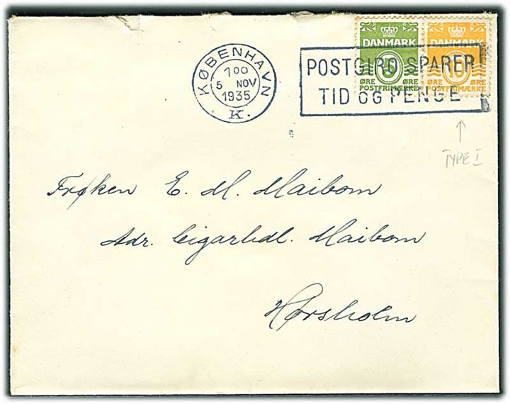 5 øre og 10 øre type I Bølgelinie på brev fra København d. 5.11.1935 til Hørsholm.