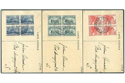 Komplet sæt DSB Jubilæum i fireblokke på tre brevkort annulleret med særstempel København D.S.B. - Jubilæumsudstilling d. 6.7.1947 til København.