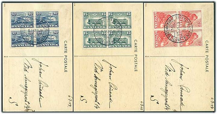 Komplet sæt DSB Jubilæum i fireblokke på tre brevkort annulleret med særstempel København D.S.B. - Jubilæumsudstilling d. 6.7.1947 til København.
